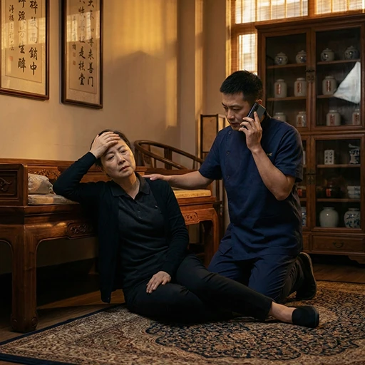 Illustration de la gestion d'une urgence : dans un cabinet de médecine traditionnelle, un praticien réoriente vers les services médicaux par téléphone tout en soutenant une patiente en détresse