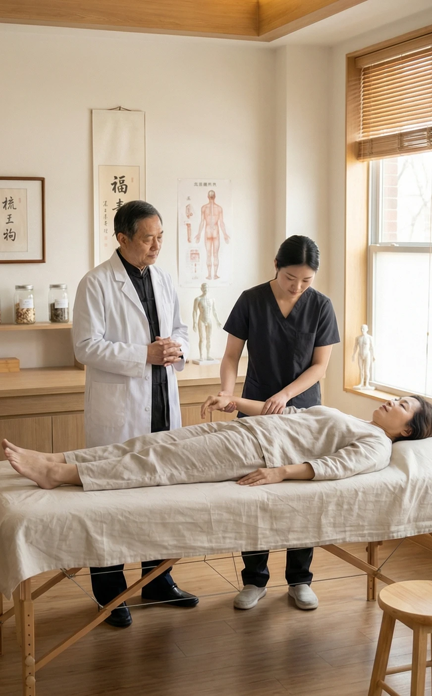 étudiant de médecine chinoise sous supervision pendant un traitement